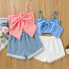 2022 Girls Summer Suit Suspender Top Comfortable Fashion Denim Shorts Wholesale Kids Clothes Denim Shorts Outfit Summer, Lace Denim Shorts, Princess Kids, Girls Crop Tops, Summer Suits, Cropped Cami, Girls Clothing Sets, Beaded Trim, Girls Bows