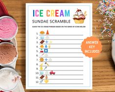 ice cream sundae scramble game with cupcakes and sprinkles next to it