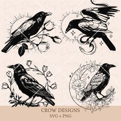 four black birds sitting on branches with flowers and leaves around them, in the style of engraving