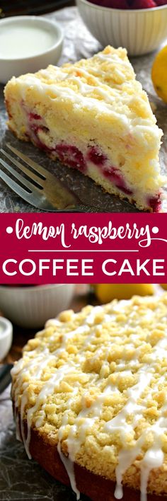 lemon raspberry coffee cake with icing on the top and below it is shown