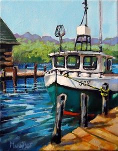 a painting of a boat docked at a pier