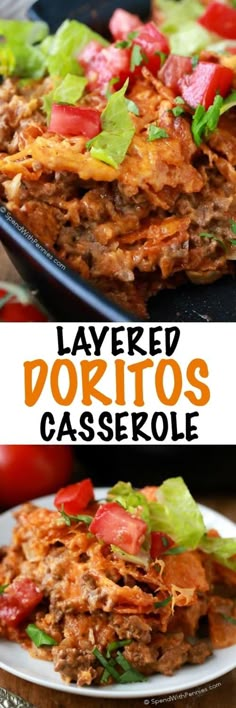 layered doritos casserole on a plate with tomatoes and lettuce