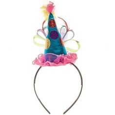 Colorful sequin-accented mesh ribbon loops and fun feathers add texture, dimension, and a pop of fun color. Let the celebration commence with this cute headband! Dimensions: 	 Size: One Size Fits Most 	 Headband Length: 14" 	 Accent Height: 8" Party display images are for inspiration only. Items pictured are sold separately. Put a fun, unique spin on the classic birthday party hat with this Bright Cone Hat Headband With Feathers & Ribbon! The black plastic headband is adorned with a fuchsia mesh Cone Hat, Holographic Blue, Birthday Headband, Hat Headband, Large Sequins, Plastic Headband, Fascinator Headband, Birthday Party Hats, Cute Headbands