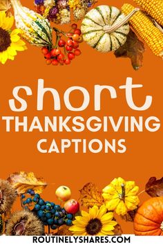 the words short thanksgiving captions are surrounded by fall leaves, corn and pumpkins