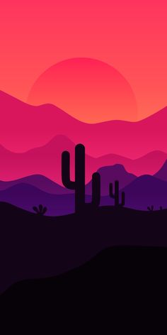 the sun is setting over a desert with cactus trees and mountains in the back ground