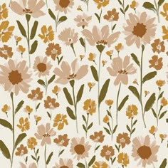 an image of a flower pattern on a white wallpaper with orange and yellow flowers