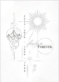 a drawing with the words forever and mountains in black ink on white paper, as well as