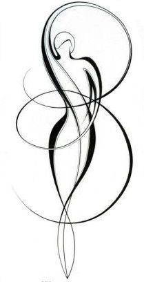 a drawing of a woman's head with swirls and curves in the background