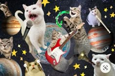 there are many cats that are singing and playing guitar in the space with stars around them