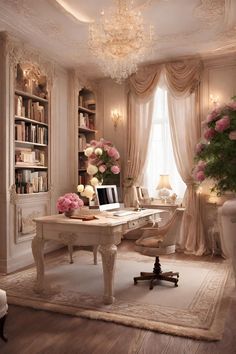 an elegant home office with pink flowers on the desk and chandelier hanging from the ceiling