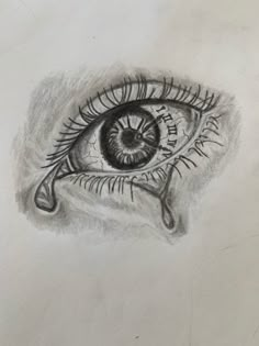 a drawing of an eye with tears on the iris's side, in black and white