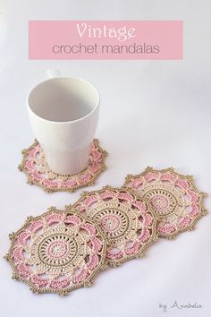 three crocheted coasters and a cup on a white surface with the text vintage crochet mandals