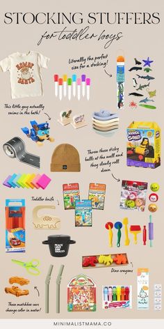 an advertisement for stocking stuff is shown in this graphic style, including toys and other items