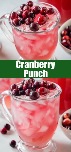 cranberry punch in glass mugs with ice and cherries