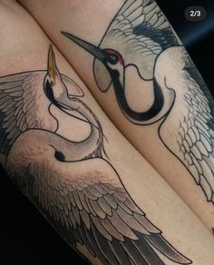 two tattoos with birds on their legs