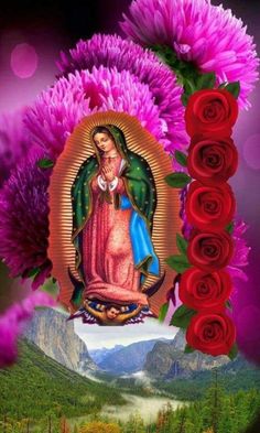 the virgin mary is surrounded by purple flowers and red carnations in front of mountains