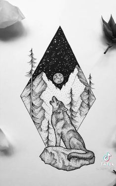 a drawing of a wolf sitting on top of a mountain