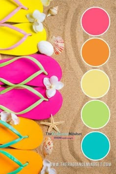 colorful flip flops and starfish on the beach with color swatches to choose from