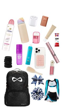 the contents of a black backpack are arranged on a white background, including lipstick, hairbrushes, and other items