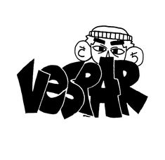 the word vrsar written in black and white with an image of a man wearing a hat