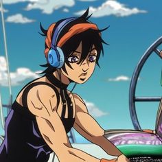 an anime character with headphones on holding a tennis racquet