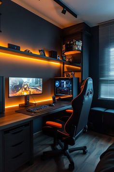 a desk with two monitors and a keyboard