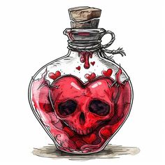 a drawing of a heart in a glass bottle with a skull on the top and inside