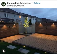 a wooden deck with lights around it