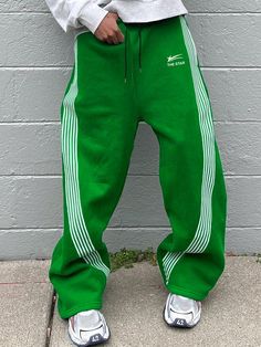 Men Loose Fit Slogan Graphic Drawstring Waist Sweatpants Green    Fabric Colorblock,Letter,Striped Wide Leg Slight Stretch All Men Clothing, size features are:Bust: ,Length: ,Sleeve Length: Green Streetwear Pants With Side Stripes, Green Sweatpants With Side Stripes For Streetwear, Green Side Stripe Pants For Streetwear, Green Pants With Side Stripes For Streetwear, Green Drawstring Bottoms For Streetwear, Green Athleisure Bottoms With Side Stripes, Green Sweatpants With Drawstring, Green Bottoms With Side Stripes For Streetwear, Green Drawstring Sweatpants