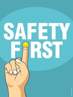 A safety poster showing message "Safety First" with a pointing finger wearing a safety helmet on top replacing the character "i" School Bus Safety, Bus Safety