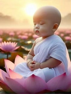 a baby sitting on top of a pink flower next to a body of water lilies