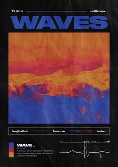 an advertisement for waves on the side of a blackboard with orange and blue colors