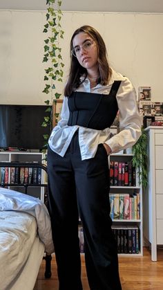 Style Black Button Up Shirt, Corset Formal Outfit With Pants, Corset Top Over Button Up, Black Corset On White Shirt, Black And White Day Outfit, Button Up Shirt With Corset Outfit, Button Down Corset Outfit, Black Corset Shirt Outfit