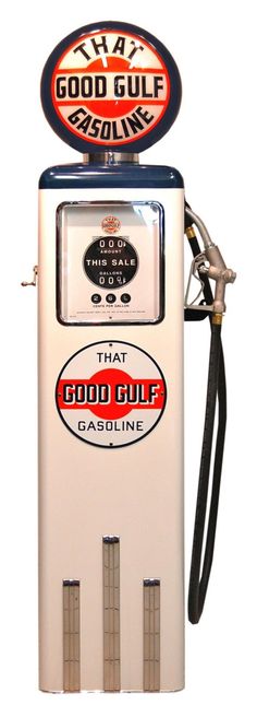 an old fashioned gas pump with the words good gulf gasoline on it's top