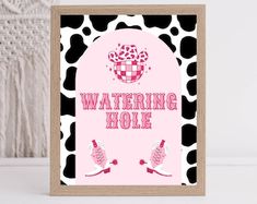 a card with the words watering hole on it in pink and black polka dots