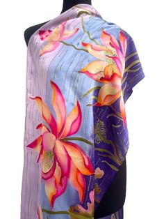 Elegant Hand Painted Blue Silk Scarf, Blue Satin Silk Scarf As Gift, Blue Satin Silk Scarf For Gift, Elegant Handmade Pink Silk Scarf, Handmade Pink Silk Scarf, Purple Silk Scarf As A Gift, Hand Painted Artful Silk Scarf, Artistic Hand Painted Scarves For Gifts, Elegant Handmade Multicolor Silk Scarf