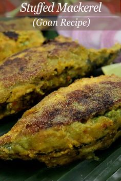 some fried mackerel is sitting on a grill and ready to be eaten with the words, stuffed mackerel gon recipe