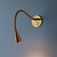 a wall light with a metal arm and two lights on each side, against a blue background