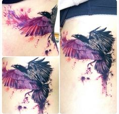 the back of a woman's thigh with a bird on it and blood splatters