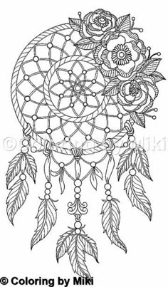 a black and white drawing of a dream catcher with flowers on the side, surrounded by feathers