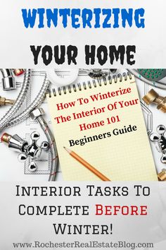 a notebook with the words winterizing your home on it and an image of tools