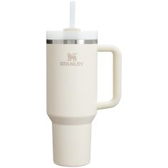 a white travel mug with a stainless steel lid and straw sticking out of the cup