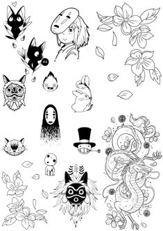 several different types of cartoon characters and their faces are drawn in black ink on white paper