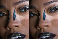 two pictures of a woman's face with black and gold decorations on her nose