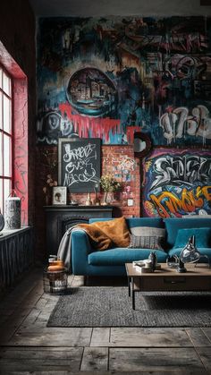 a living room filled with furniture and graffiti covered walls