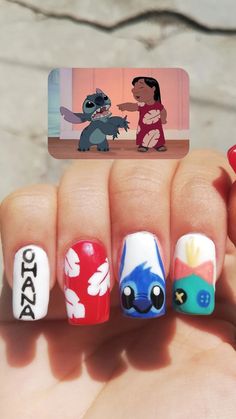 Lilo And Stitch Press On Nails, Lilo And Stitch Nails Acrylic Simple, Stitch Disney Nail Art, Lilo And Stitch Inspired Nails, Moana Nail Designs, Stitch Themed Nails, Short Stitch Nails, Easy Stitch Nails, Zootopia Nails