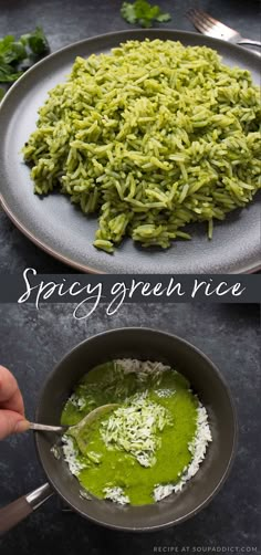 green rice in a pan with sauce and parsley on the side, then topped with shredded parsley