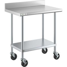 a stainless steel table with wheels on the bottom and one shelf attached to the side