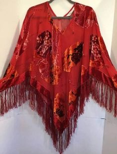 Beautiful Vintage Velvet ArtDeco Poncho Fits All Sizes Lovely Detailing Bohemian Shawl For Fall Festive Occasion, Bohemian Shawl For Festive Fall Season, Bohemian Red Cape For Festivals, One Size Festival Shawl Cape, Red Long Sleeve Poncho For Festival, One Size Festival Cape Shawl, Red Bohemian Poncho For Festival, Red Shawl Poncho For Festival, Red Cape Poncho For Festival