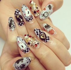 Alice In Wonderland Themed Nails, Alive In Wonderland Nails, Alice In Wonderland Nails Acrylic, Clawed Beauty, Gell Nails